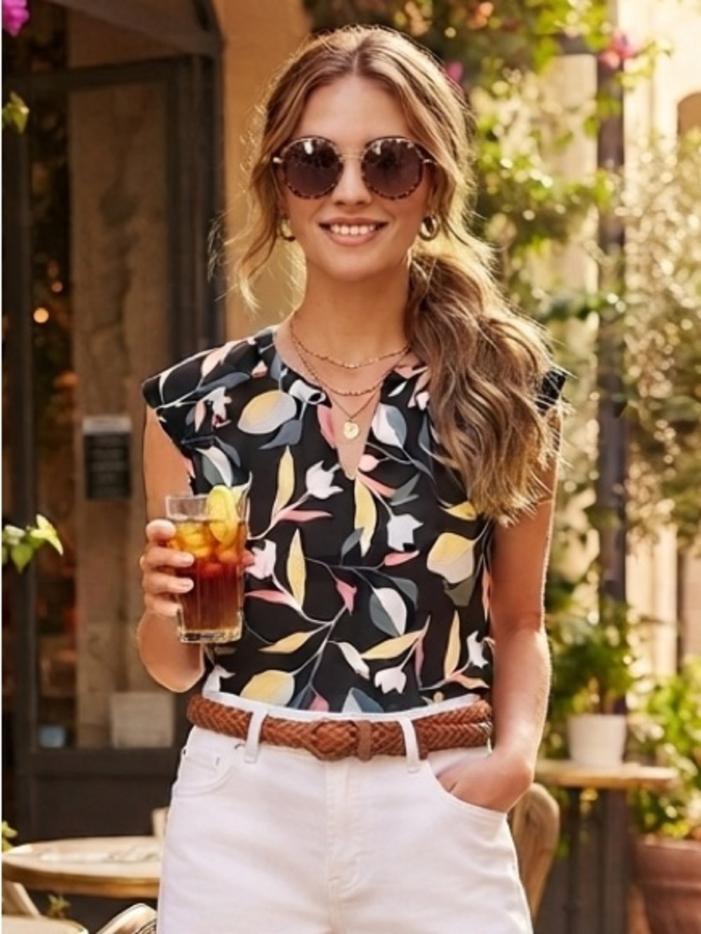 Liz Claiborne Black Floral Leaf-Print Short Sleeve Blouse